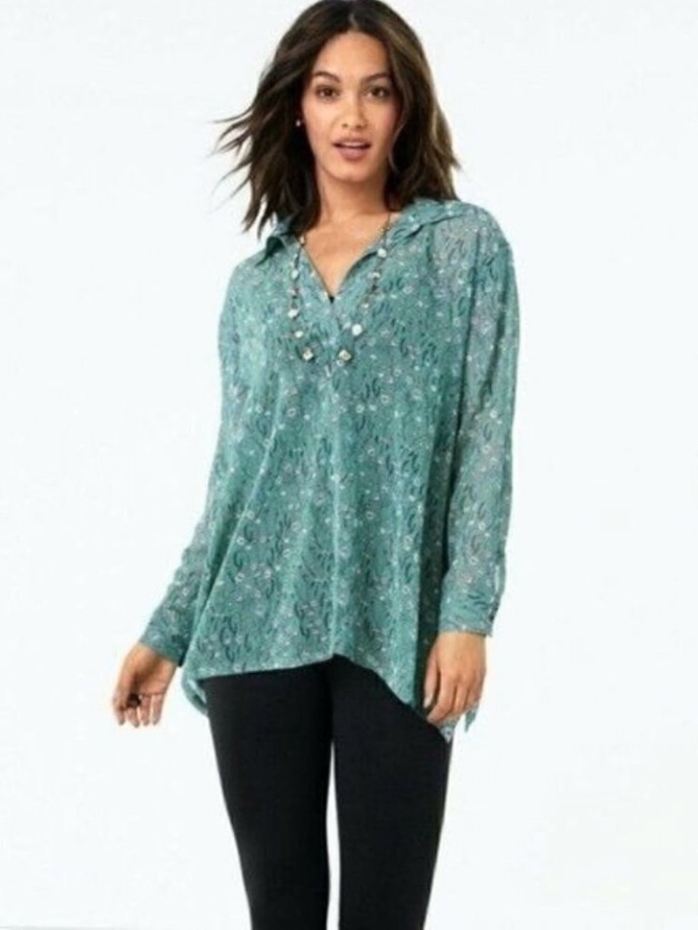Cabi Green Sheer Floral V-Neck Button Collar Blouse L